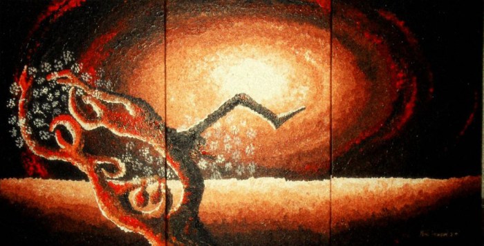 Tree Of Passion by Nina Fabunmi, Acrylic on Canvas 4x2 inches in 3 panels. 2011, SOLD